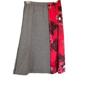 Hache Mixed Media Split Print Houndstooth Red Floral A-Line Skirt Size 42